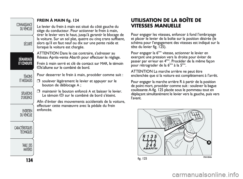 Abarth Punto 2012  Notice dentretien (in French) 134
CONNAISSANCE DU VÉHICULE
SÉCURITÉ
DÉMARRAGE 
ET CONDUITE
TÉMOINS 
ET MESSAGES
SITUA

TIONS 
D’URGENCE
ENTRETIEN 
DU VÉHICULE
CARACTÉRISTIQUES TECHNIQUES
TABLE  DES MATIÈRES
F0U125Abfig. 