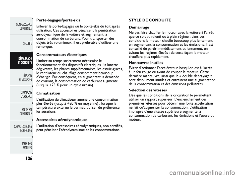 Abarth Punto 2012  Notice dentretien (in French) 136
CONNAISSANCE DU VÉHICULE
SÉCURITÉ
DÉMARRAGE 
ET CONDUITE
TÉMOINS 
ET MESSAGES
SITUA

TIONS 
D’URGENCE
ENTRETIEN 
DU VÉHICULE
CARACTÉRISTIQUES TECHNIQUES
TABLE  DES MATIÈRES
STYLE DE COND
