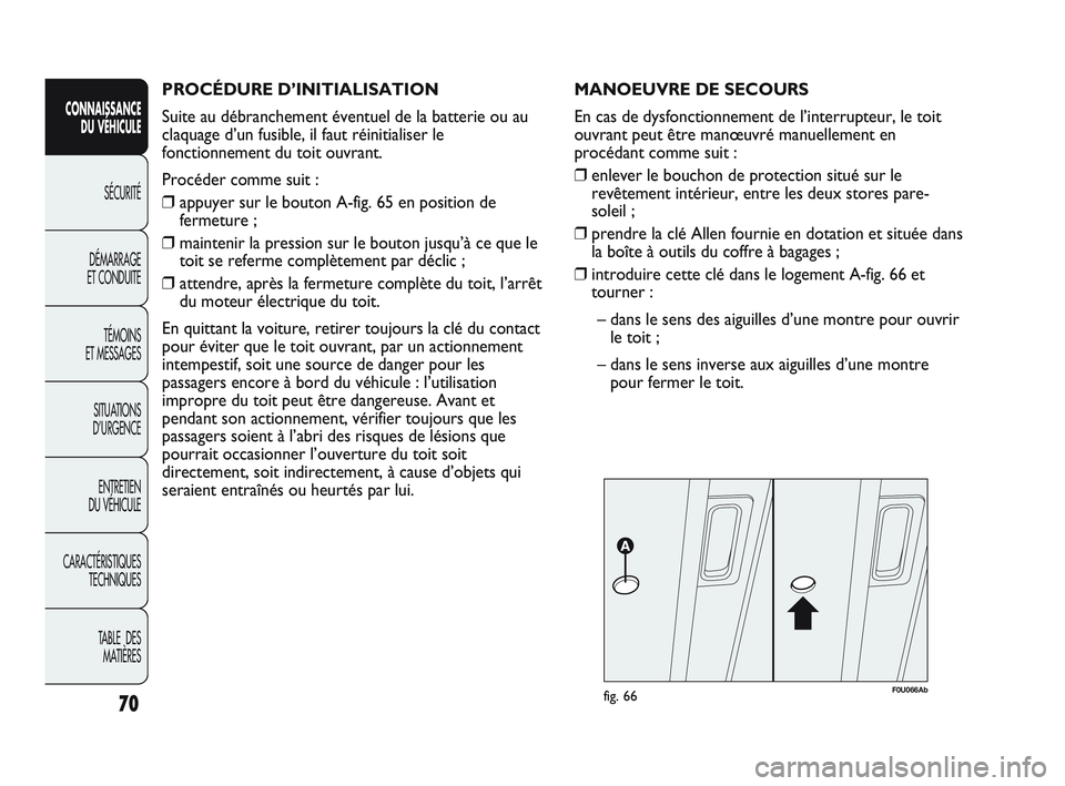 Abarth Punto 2012  Notice dentretien (in French) 70
CONNAISSANCE DU VÉHICULE
SÉCURITÉ
DÉMARRAGE 
ET CONDUITE
TÉMOINS 
ET MESSAGES
SITUA

TIONS 
D’URGENCE
ENTRETIEN 
DU VÉHICULE
CARACTÉRISTIQUES TECHNIQUES
TABLE  DES MATIÈRES
PROCÉDURE D
