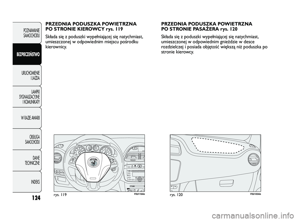 Abarth Punto 2012  Instrukcja obsługi (in Polish) 124
F0U119Abrys. 119F0U120Abrys. 120
PRZEDNIA PODUSZKA POWIETRZNA 
PO STRONIE KIEROWCY rys. 119
Składa się z poduszki wypełniającej się natychmiast,
umieszczonej w odpowiednim miejscu pośrodku
k