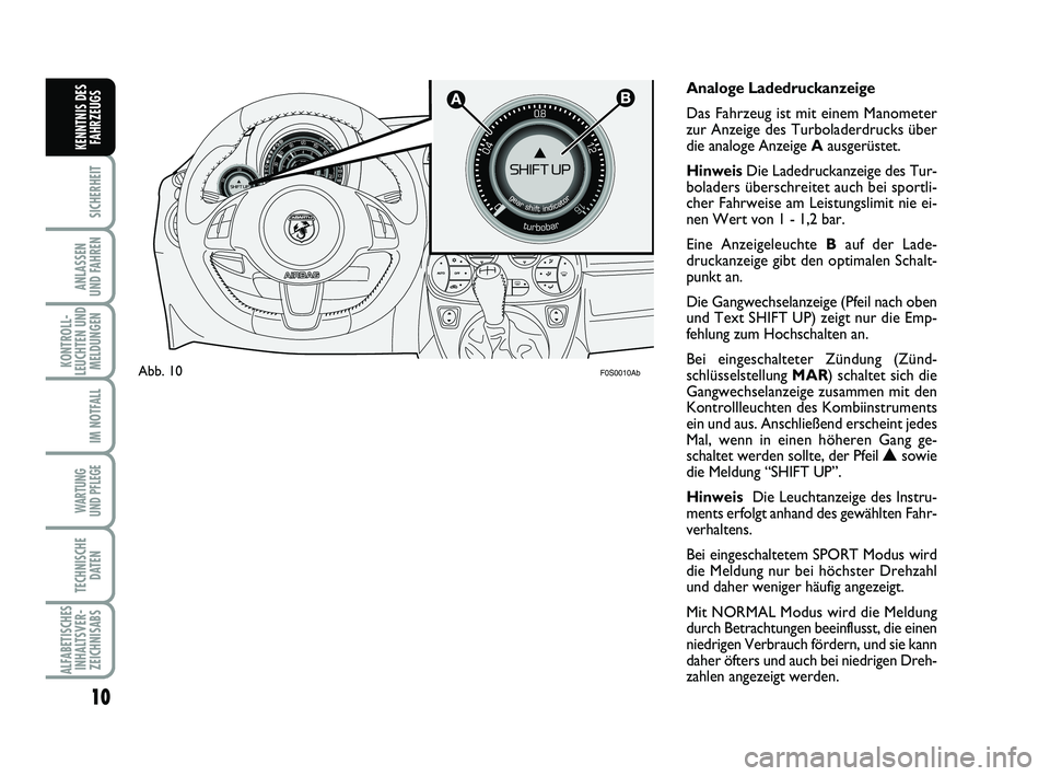 Abarth 500 2009 Betriebsanleitung (in German) 10
SICHERHEIT
ANLASSEN
UND FAHREN
KONTROLL-
LEUCHTEN UND
MELDUNGEN
IM NOTFALL
WARTUNG
UND PFLEGE
TECHNISCHE
DATEN
ALFABETISCHES
INHALTSVER-
ZEICHNISABS
KENNTNIS DES
FAHRZEUGS
Analoge Ladedruckanzeige Abarth 500 2009 Betriebsanleitung (in German) 10
SICHERHEIT
ANLASSEN
UND FAHREN
KONTROLL-
LEUCHTEN UND
MELDUNGEN
IM NOTFALL
WARTUNG
UND PFLEGE
TECHNISCHE
DATEN
ALFABETISCHES
INHALTSVER-
ZEICHNISABS
KENNTNIS DES
FAHRZEUGS
Analoge Ladedruckanzeige