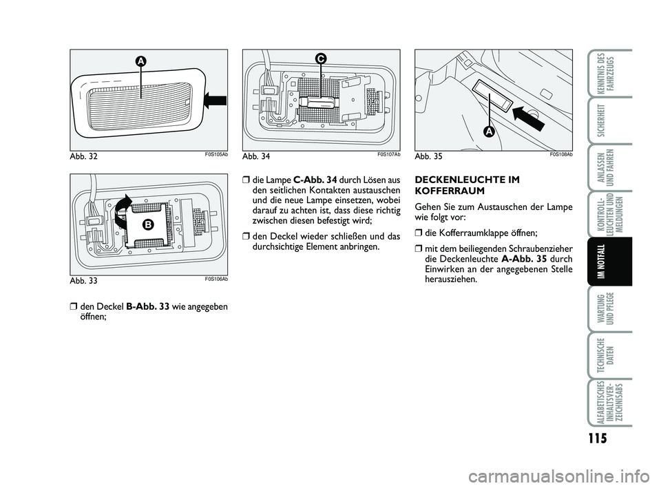 Abarth 500 2009  Betriebsanleitung (in German) 115
KONTROLL-
LEUCHTEN UND
MELDUNGEN
WARTUNG 
UND PFLEGE
TECHNISCHE
DATEN
ALFABETISCHES
INHALTSVER-
ZEICHNISABS
KENNTNIS DES
FAHRZEUGS
SICHERHEIT
ANLASSEN 
UND FAHREN
IM NOTFALL
❒den Deckel B-Abb. 3