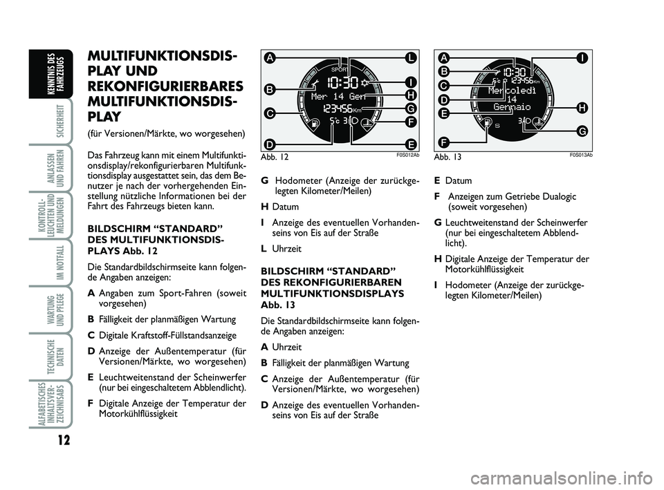Abarth 500 2009 Betriebsanleitung (in German) 12
SICHERHEIT
ANLASSEN
UND FAHREN
KONTROLL-
LEUCHTEN UND
MELDUNGEN
IM NOTFALL
WARTUNG
UND PFLEGE
TECHNISCHE
DATEN
ALFABETISCHES
INHALTSVER-
ZEICHNISABS
KENNTNIS DES
FAHRZEUGS
MULTIFUNKTIONSDIS-
PLAY Abarth 500 2009 Betriebsanleitung (in German) 12
SICHERHEIT
ANLASSEN
UND FAHREN
KONTROLL-
LEUCHTEN UND
MELDUNGEN
IM NOTFALL
WARTUNG
UND PFLEGE
TECHNISCHE
DATEN
ALFABETISCHES
INHALTSVER-
ZEICHNISABS
KENNTNIS DES
FAHRZEUGS
MULTIFUNKTIONSDIS-
PLAY