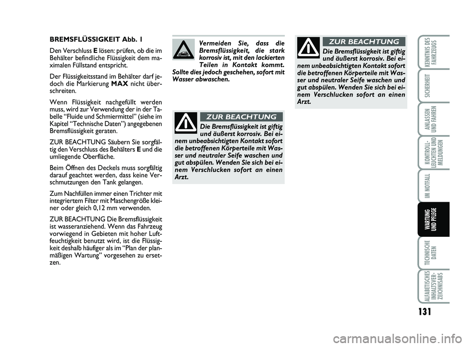 Abarth 500 2009  Betriebsanleitung (in German) 131
KONTROLL-
LEUCHTEN UND
MELDUNGEN
TECHNISCHE
DATEN
ALFABETISCHES
INHALTSVER-
ZEICHNISABS
KENNTNIS DES
FAHRZEUGS
SICHERHEIT
ANLASSEN 
UND FAHREN
IM NOTFALL
WARTUNG 
UND PFLEGE
BREMSFLÜSSIGKEIT Abb.