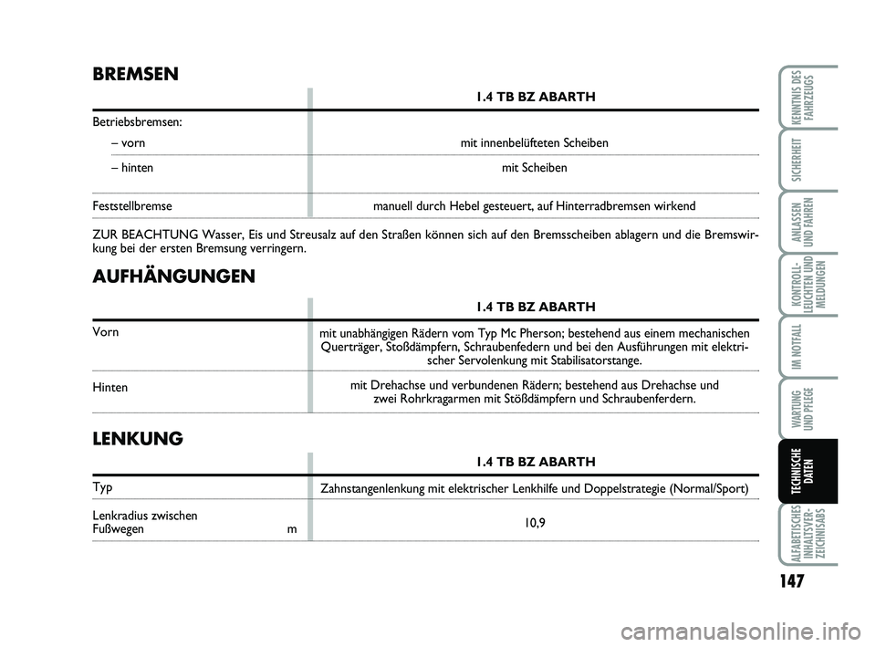 Abarth 500 2009  Betriebsanleitung (in German) 147
KONTROLL-
LEUCHTEN UND
MELDUNGEN
ALFABETISCHES
INHALTSVER-
ZEICHNISABS
KENNTNIS DES
FAHRZEUGS
SICHERHEIT
ANLASSEN 
UND FAHREN
IM NOTFALL
WARTUNG 
UND PFLEGE
TECHNISCHE
DATEN
AUFHÄNGUNGEN
1.4 TB B