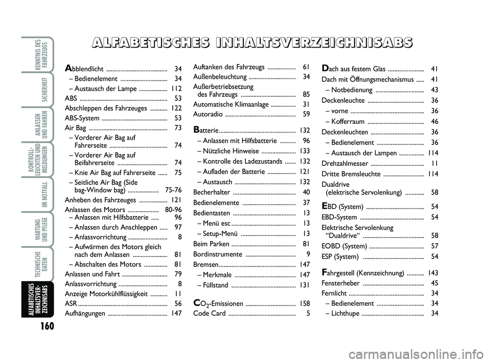 Abarth 500 2009 Betriebsanleitung (in German) Auftanken des Fahrzeugs .................. 61
Außenbeleuchtung .............................. 34
Außerbetriebsetzung
des Fahrzeugs ................................... 85
Automatische Klimaanlage .. Abarth 500 2009 Betriebsanleitung (in German) Auftanken des Fahrzeugs .................. 61
Außenbeleuchtung .............................. 34
Außerbetriebsetzung
des Fahrzeugs ................................... 85
Automatische Klimaanlage ..