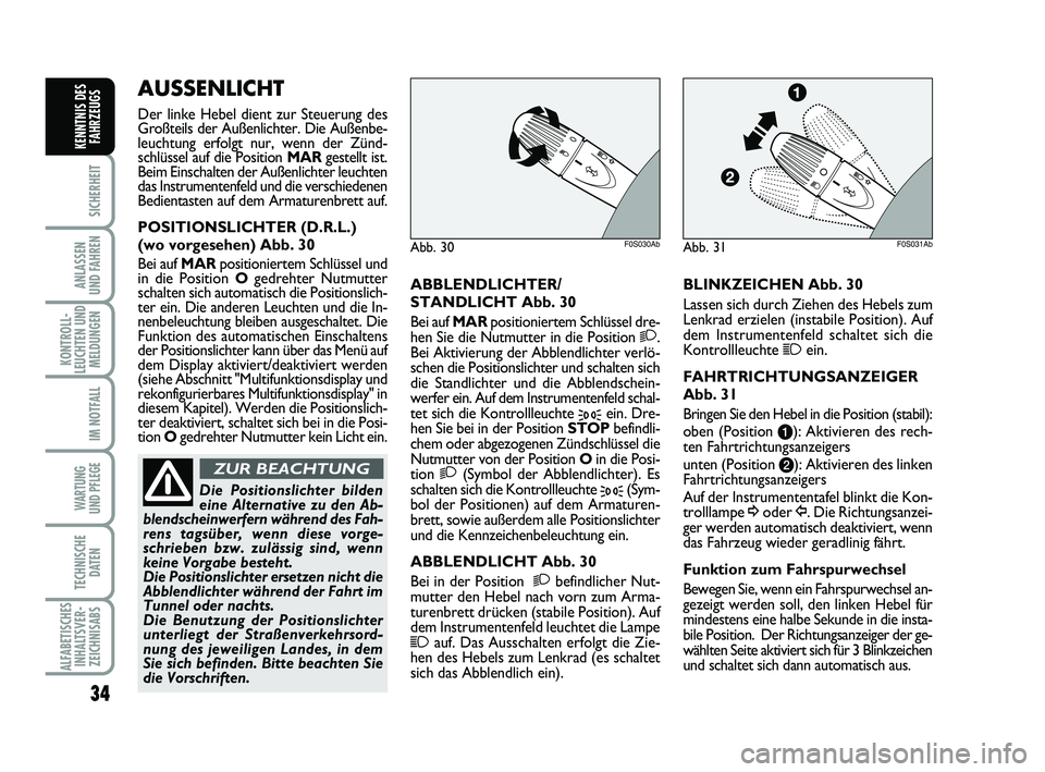 Abarth 500 2009 Betriebsanleitung (in German) 34
SICHERHEIT
ANLASSEN
UND FAHREN
KONTROLL-
LEUCHTEN UND
MELDUNGEN
IM NOTFALL
WARTUNG
UND PFLEGE
TECHNISCHE
DATEN
ALFABETISCHES
INHALTSVER-
ZEICHNISABS
KENNTNIS DES
FAHRZEUGS
ABBLENDLICHTER/
STANDLI Abarth 500 2009 Betriebsanleitung (in German) 34
SICHERHEIT
ANLASSEN
UND FAHREN
KONTROLL-
LEUCHTEN UND
MELDUNGEN
IM NOTFALL
WARTUNG
UND PFLEGE
TECHNISCHE
DATEN
ALFABETISCHES
INHALTSVER-
ZEICHNISABS
KENNTNIS DES
FAHRZEUGS
ABBLENDLICHTER/
STANDLI