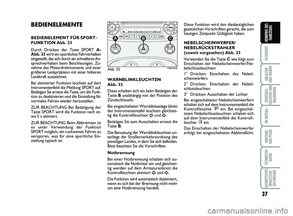 Abarth 500 2009 Betriebsanleitung (in German) 37
SICHERHEIT
ANLASSEN
UND FAHREN
KONTROLL-
LEUCHTEN UND
MELDUNGEN
IM NOTFALL
WARTUNG
UND PFLEGE
TECHNISCHE
DATEN
ALFABETISCHES
INHALTSVER-
ZEICHNISABS
KENNTNIS DES
FAHRZEUGS
BEDIENELEMENTE
BEDIENEL Abarth 500 2009 Betriebsanleitung (in German) 37
SICHERHEIT
ANLASSEN
UND FAHREN
KONTROLL-
LEUCHTEN UND
MELDUNGEN
IM NOTFALL
WARTUNG
UND PFLEGE
TECHNISCHE
DATEN
ALFABETISCHES
INHALTSVER-
ZEICHNISABS
KENNTNIS DES
FAHRZEUGS
BEDIENELEMENTE
BEDIENEL