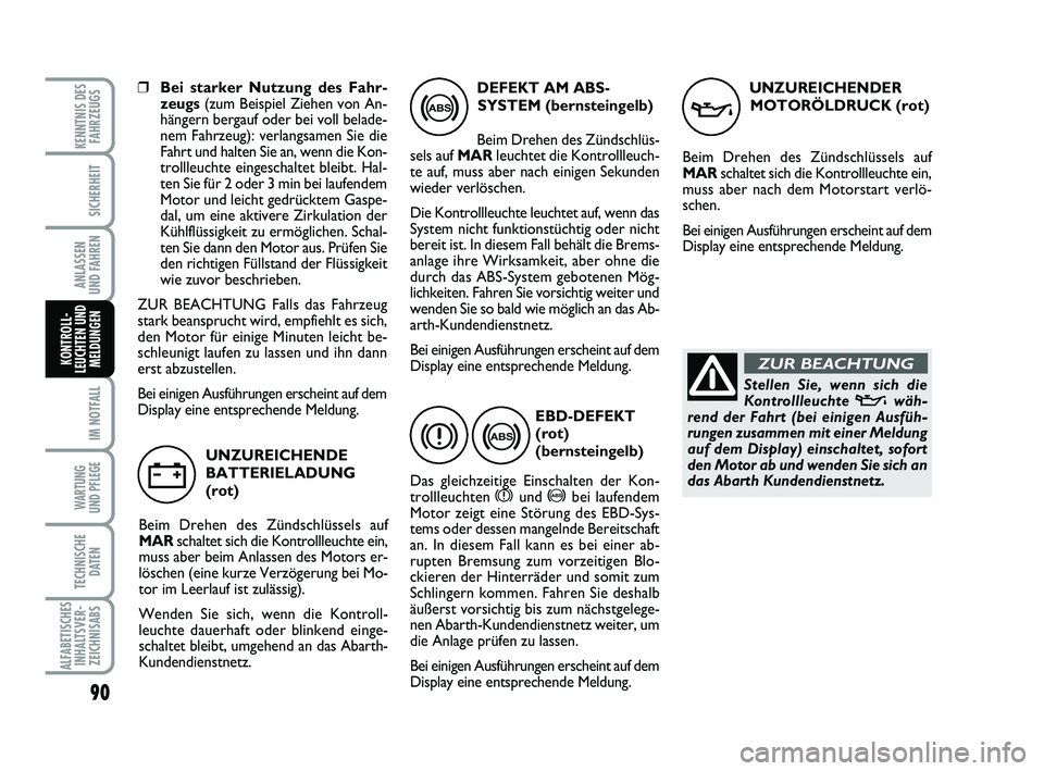 Abarth 500 2009 Betriebsanleitung (in German) 90
IM NOTFALL
WARTUNG
UND PFLEGE
TECHNISCHE
DATEN
ALFABETISCHES
INHALTSVER-
ZEICHNISABS
KENNTNIS DES
FAHRZEUGS
SICHERHEIT
ANLASSEN
UND FAHREN
KONTROLL-
LEUCHTEN UND
MELDUNGEN
❒Bei starker Nutzung Abarth 500 2009 Betriebsanleitung (in German) 90
IM NOTFALL
WARTUNG
UND PFLEGE
TECHNISCHE
DATEN
ALFABETISCHES
INHALTSVER-
ZEICHNISABS
KENNTNIS DES
FAHRZEUGS
SICHERHEIT
ANLASSEN
UND FAHREN
KONTROLL-
LEUCHTEN UND
MELDUNGEN
❒Bei starker Nutzung