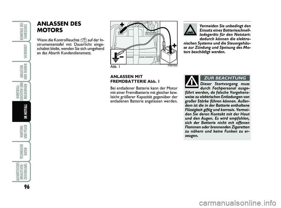 Abarth 500 2009 Betriebsanleitung (in German) ANLASSEN MIT
FREMDBATTERIE Abb. 1
Bei entladener Batterie kann der Motor
mit einer Fremdbatterie mit gleicher bzw.
leicht größerer Kapazität gegenüber der
entladenen Batterie angelassen werden.
AN Abarth 500 2009 Betriebsanleitung (in German) ANLASSEN MIT
FREMDBATTERIE Abb. 1
Bei entladener Batterie kann der Motor
mit einer Fremdbatterie mit gleicher bzw.
leicht größerer Kapazität gegenüber der
entladenen Batterie angelassen werden.
AN