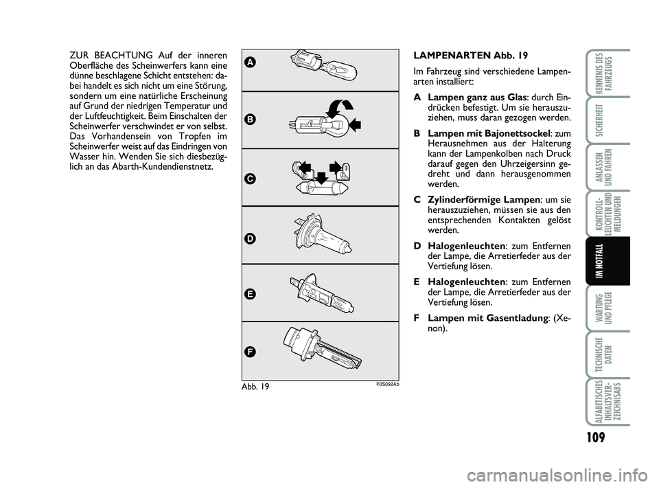 Abarth 500 2012 Betriebsanleitung (in German) 109
KONTROLL-
LEUCHTEN UND
MELDUNGEN
WARTUNG
UND PFLEGE
TECHNISCHE
DATEN
ALFABETISCHES
INHALTSVER-
ZEICHNISABS
KENNTNIS DES
FAHRZEUGS
SICHERHEIT
ANLASSEN
UND FAHREN
IM NOTFALL
LAMPENARTEN Abb. 19
Im Abarth 500 2012 Betriebsanleitung (in German) 109
KONTROLL-
LEUCHTEN UND
MELDUNGEN
WARTUNG
UND PFLEGE
TECHNISCHE
DATEN
ALFABETISCHES
INHALTSVER-
ZEICHNISABS
KENNTNIS DES
FAHRZEUGS
SICHERHEIT
ANLASSEN
UND FAHREN
IM NOTFALL
LAMPENARTEN Abb. 19
Im