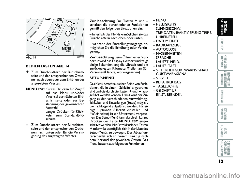 Abarth 500 2012 Betriebsanleitung (in German)
13
SICHERHEIT
ANLASSEN
UND FAHREN
KONTROLL-
LEUCHTEN UND MELDUNGEN
IM NOTFALL
WARTUNG
UND PFLEGE
TECHNISCHE DATEN
ALFABETISCHESINHALTSVER-ZEICHNISABS
KENNTNIS DES FAHRZEUGS
BEDIENTASTEN Abb. Abarth 500 2012 Betriebsanleitung (in German)
13
SICHERHEIT
ANLASSEN
UND FAHREN
KONTROLL-
LEUCHTEN UND MELDUNGEN
IM NOTFALL
WARTUNG
UND PFLEGE
TECHNISCHE DATEN
ALFABETISCHESINHALTSVER-ZEICHNISABS
KENNTNIS DES FAHRZEUGS
BEDIENTASTEN Abb.