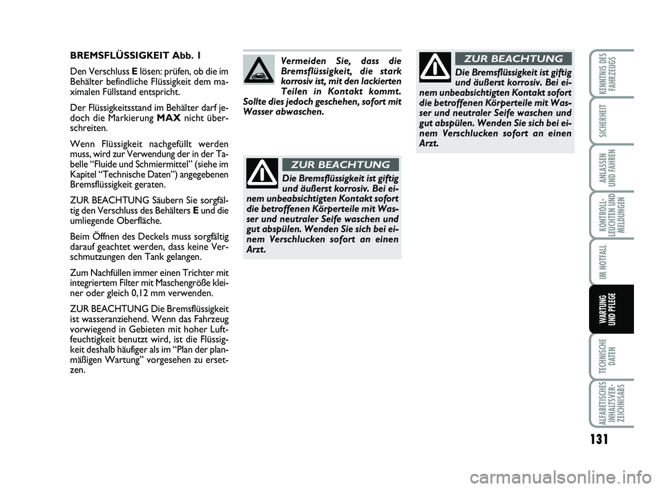 Abarth 500 2012 Betriebsanleitung (in German) 131
KONTROLL-
LEUCHTEN UND
MELDUNGEN
TECHNISCHE
DATEN
ALFABETISCHES
INHALTSVER-
ZEICHNISABS
KENNTNIS DES
FAHRZEUGS
SICHERHEIT
ANLASSEN
UND FAHREN
IM NOTFALL
WARTUNG
UND PFLEGE
BREMSFLÜSSIGKEIT Abb. Abarth 500 2012 Betriebsanleitung (in German) 131
KONTROLL-
LEUCHTEN UND
MELDUNGEN
TECHNISCHE
DATEN
ALFABETISCHES
INHALTSVER-
ZEICHNISABS
KENNTNIS DES
FAHRZEUGS
SICHERHEIT
ANLASSEN
UND FAHREN
IM NOTFALL
WARTUNG
UND PFLEGE
BREMSFLÜSSIGKEIT Abb.