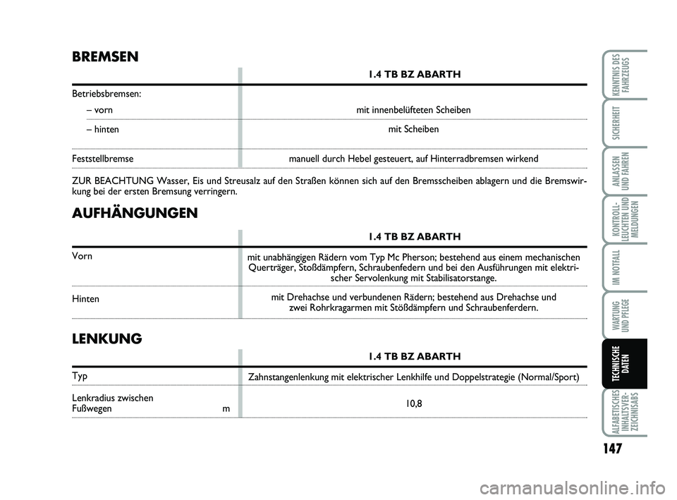 Abarth 500 2012 Betriebsanleitung (in German) 147
KONTROLL-
LEUCHTEN UND
MELDUNGEN
ALFABETISCHES
INHALTSVER-
ZEICHNISABS
KENNTNIS DES
FAHRZEUGS
SICHERHEIT
ANLASSEN
UND FAHREN
IM NOTFALL
WARTUNG
UND PFLEGE
TECHNISCHE
DATEN
AUFHÄNGUNGEN
1.4 TB B Abarth 500 2012 Betriebsanleitung (in German) 147
KONTROLL-
LEUCHTEN UND
MELDUNGEN
ALFABETISCHES
INHALTSVER-
ZEICHNISABS
KENNTNIS DES
FAHRZEUGS
SICHERHEIT
ANLASSEN
UND FAHREN
IM NOTFALL
WARTUNG
UND PFLEGE
TECHNISCHE
DATEN
AUFHÄNGUNGEN
1.4 TB B