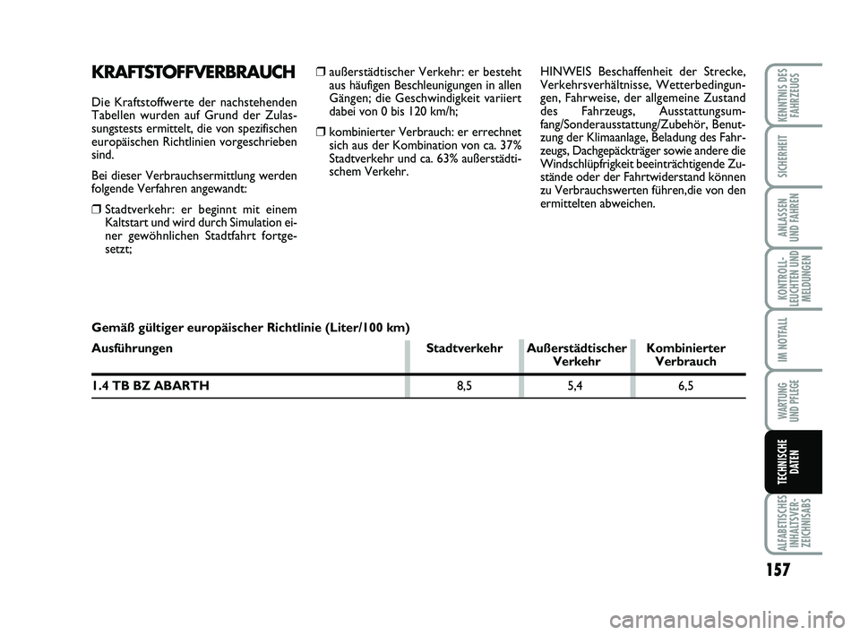 Abarth 500 2012  Betriebsanleitung (in German) ❒außerstädtischer Verkehr: er besteht
aus häufigen Beschleunigungen in allen
Gängen; die Geschwindigkeit variiert
dabei von 0 bis 120 km/h;
❒kombinierter Verbrauch: er errechnet
sich aus der K