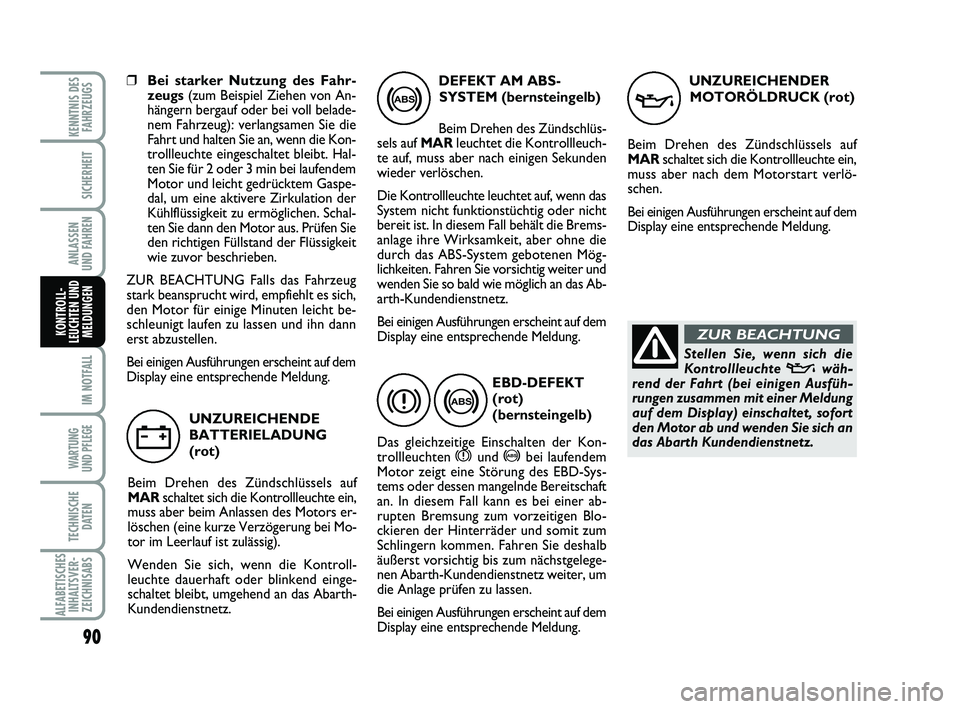 Abarth 500 2012 Betriebsanleitung (in German) 90
IM NOTFALL
WARTUNG
UND PFLEGE
TECHNISCHE
DATEN
ALFABETISCHES
INHALTSVER-
ZEICHNISABS
KENNTNIS DES
FAHRZEUGS
SICHERHEIT
ANLASSEN
UND FAHREN
KONTROLL-
LEUCHTEN UND
MELDUNGEN
❒Bei starker Nutzung Abarth 500 2012 Betriebsanleitung (in German) 90
IM NOTFALL
WARTUNG
UND PFLEGE
TECHNISCHE
DATEN
ALFABETISCHES
INHALTSVER-
ZEICHNISABS
KENNTNIS DES
FAHRZEUGS
SICHERHEIT
ANLASSEN
UND FAHREN
KONTROLL-
LEUCHTEN UND
MELDUNGEN
❒Bei starker Nutzung
