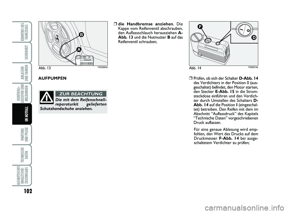 Abarth 500 2013  Betriebsanleitung (in German) 102
KONTROLL-
LEUCHTEN UND
MELDUNGEN
WARTUNG 
UND PFLEGE 
TECHNISCHE
DATEN
ALFABETISCHES
INHALTSVER-
ZEICHNISABS
KENNTNIS DES
FAHRZEUGS
SICHERHEIT
ANLASSEN 
UND FAHREN
IM NOTFALL
Abb. 14F0S087AbAbb. 1