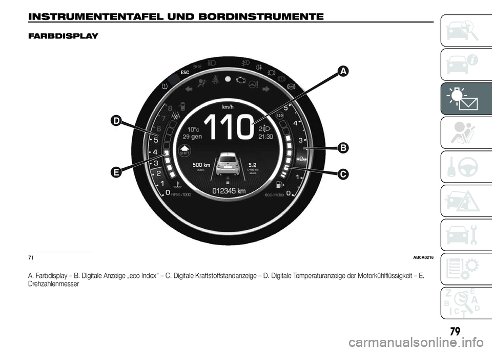Abarth 500 2015  Betriebsanleitung (in German) INSTRUMENTENTAFEL UND BORDINSTRUMENTE.
FARBDISPLAY
A. Farbdisplay – B. Digitale Anzeige „eco Index” – C. Digitale Kraftstoffstandanzeige – D. Digitale Temperaturanzeige der Motorkühlflüssi