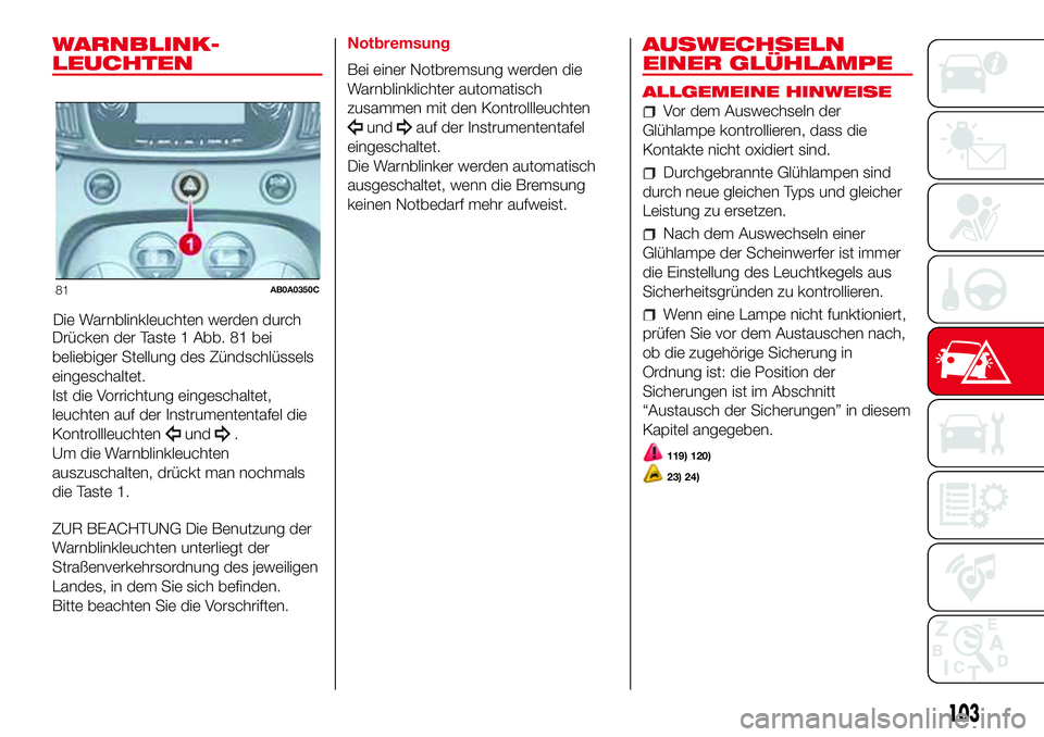 Abarth 500 2017  Betriebsanleitung (in German) WARNBLINK-
LEUCHTEN
Die Warnblinkleuchten werden durch
Drücken der Taste 1 Abb. 81 bei
beliebiger Stellung des Zündschlüssels
eingeschaltet.
Ist die Vorrichtung eingeschaltet,
leuchten auf der Inst