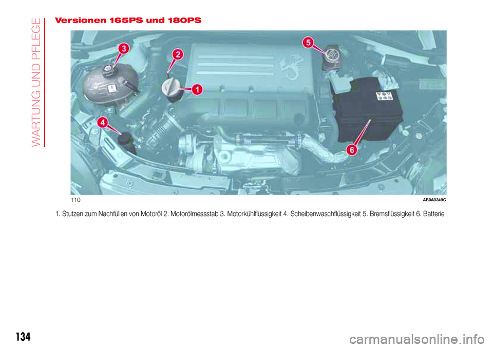 Abarth 500 2017  Betriebsanleitung (in German) Versionen 165PS und 180PS
1. Stutzen zum Nachfüllen von Motoröl 2. Motorölmessstab 3. Motorkühlflüssigkeit 4. Scheibenwaschflüssigkeit 5. Bremsflüssigkeit 6. Batterie
110AB0A0349C
134
WARTUNG U
