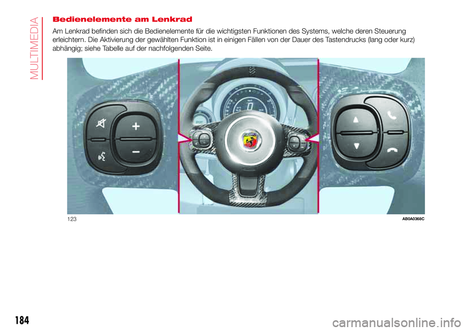 Abarth 500 2017  Betriebsanleitung (in German) Bedienelemente am Lenkrad
Am Lenkrad befinden sich die Bedienelemente für die wichtigsten Funktionen des Systems, welche deren Steuerung
erleichtern. Die Aktivierung der gewählten Funktion ist in ei