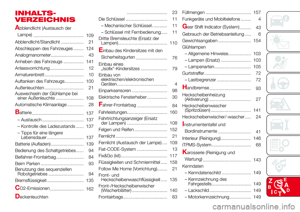 Abarth 500 2017  Betriebsanleitung (in German) INHALTS-
VERZEICHNIS
A
bblendlicht (Austausch der
Lampe)
........................................ 109
Abblendlicht/Standlicht .................. 21
Abschleppen des Fahrzeuges ........ 124
Analogmanome