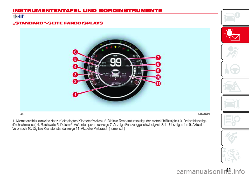 Abarth 500 2017  Betriebsanleitung (in German) INSTRUMENTENTAFEL UND BORDINSTRUMENTE
.
„STANDARD”-SEITE FARBDISPLAYS
1. Kilometerzähler (Anzeige der zurückgelegten Kilometer/Meilen). 2. Digitale Temperaturanzeige der Motorkühlflüssigkeit 3