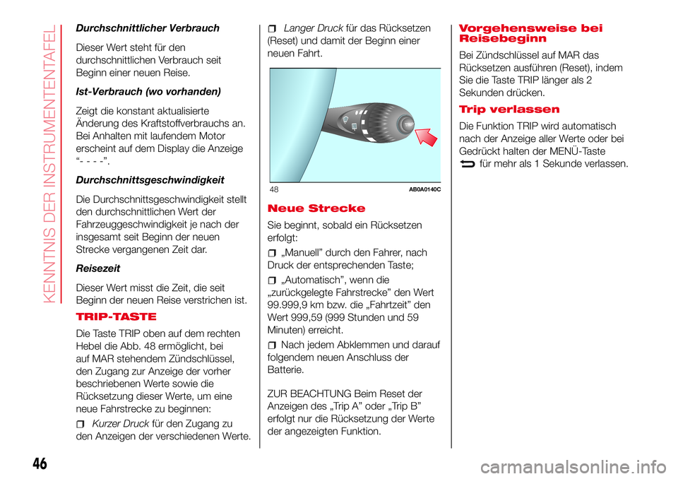 Abarth 500 2017  Betriebsanleitung (in German) Durchschnittlicher Verbrauch
Dieser Wert steht für den
durchschnittlichen Verbrauch seit
Beginn einer neuen Reise.
Ist-Verbrauch (wo vorhanden)
Zeigt die konstant aktualisierte
Änderung des Kraftsto