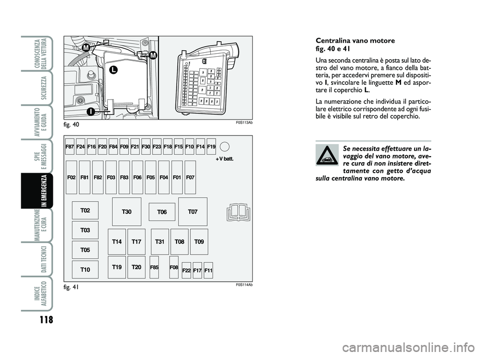 Abarth 500 2010  Libretto Uso Manutenzione (in Italian) 118
SPIE 
E MESSAGGI
MANUTENZIONE
E CURA 
DATI TECNICI
INDICE 
ALFABETICO
CONOSCENZADELLA VETTURA
SICUREZZA
AVVIAMENTO 
E GUIDA
IN EMERGENZA
Centralina vano motore 
fig. 40 e 41
Una seconda centralina