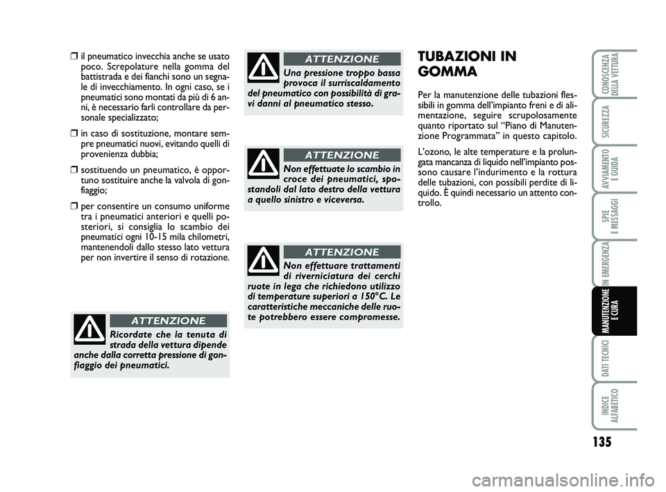 Abarth 500 2009 Libretto Uso Manutenzione (in Italian) 135
SPIE
E MESSAGGI
DATI TECNICI
INDICE
ALFABETICO
CONOSCENZADELLA VETTURA
SICUREZZA
AVVIAMENTO
E GUIDA
IN EMERGENZA
MANUTENZIONE
E CURA
TUBAZIONI IN
GOMMA
Per la manutenzione delle tubazioni fles- Abarth 500 2009 Libretto Uso Manutenzione (in Italian) 135
SPIE
E MESSAGGI
DATI TECNICI
INDICE
ALFABETICO
CONOSCENZADELLA VETTURA
SICUREZZA
AVVIAMENTO
E GUIDA
IN EMERGENZA
MANUTENZIONE
E CURA
TUBAZIONI IN
GOMMA
Per la manutenzione delle tubazioni fles-