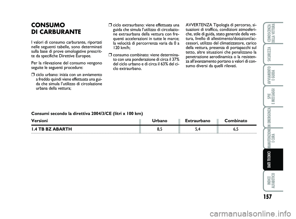 Abarth 500 2009  Libretto Uso Manutenzione (in Italian) ❒ciclo extraurbano: viene effettuata una
guida che simula l’utilizzo di circolazio-
ne extraurbana della vettura con fre-
quenti accelerazioni in tutte le marce;
la velocità di percorrenza varia 