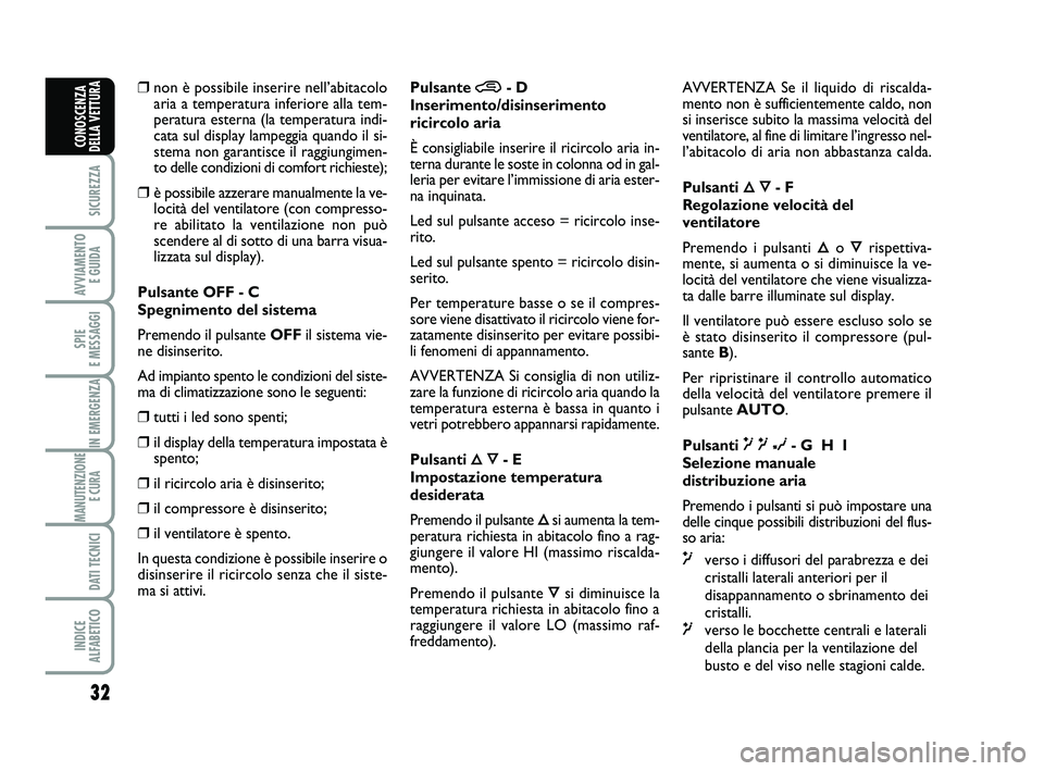 Abarth 500 2010 Libretto Uso Manutenzione (in Italian) 32
SICUREZZA
AVVIAMENTO
E GUIDA
SPIE
E MESSAGGI
IN EMERGENZA
MANUTENZIONE
E CURA
DATI TECNICI
INDICE
ALFABETICO
CONOSCENZA
DELLA VETTURA
❒non è possibile inserire nell’abitacolo
aria a temper Abarth 500 2010 Libretto Uso Manutenzione (in Italian) 32
SICUREZZA
AVVIAMENTO
E GUIDA
SPIE
E MESSAGGI
IN EMERGENZA
MANUTENZIONE
E CURA
DATI TECNICI
INDICE
ALFABETICO
CONOSCENZA
DELLA VETTURA
❒non è possibile inserire nell’abitacolo
aria a temper