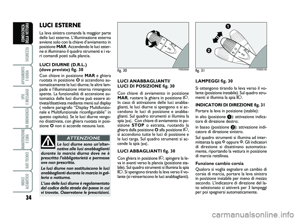 Abarth 500 2010 Libretto Uso Manutenzione (in Italian) 34
SICUREZZA
AVVIAMENTO
E GUIDA
SPIE
E MESSAGGI
IN EMERGENZA
MANUTENZIONE
E CURA
DATI TECNICI
INDICE
ALFABETICO
CONOSCENZA
DELLA VETTURA
LUCI ANABBAGLIANTI/
LUCI DI POSIZIONE fig. 30
Con chiave di Abarth 500 2010 Libretto Uso Manutenzione (in Italian) 34
SICUREZZA
AVVIAMENTO
E GUIDA
SPIE
E MESSAGGI
IN EMERGENZA
MANUTENZIONE
E CURA
DATI TECNICI
INDICE
ALFABETICO
CONOSCENZA
DELLA VETTURA
LUCI ANABBAGLIANTI/
LUCI DI POSIZIONE fig. 30
Con chiave di
