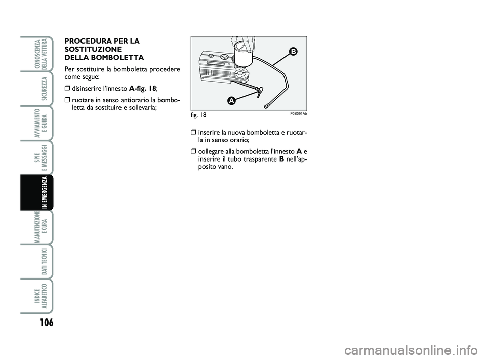 Abarth 500 2012  Libretto Uso Manutenzione (in Italian) 106
SPIE 
E MESSAGGI
MANUTENZIONE
E CURA 
DATI TECNICI
INDICE 
ALFABETICO
CONOSCENZADELLA VETTURA
SICUREZZA
AVVIAMENTO 
E GUIDA
IN EMERGENZA
fig. 18F0S091Ab
❒inserire la nuova bomboletta e ruotar-
l