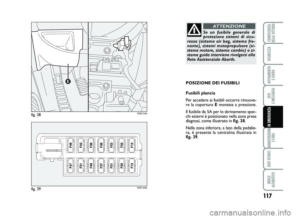 Abarth 500 2012  Libretto Uso Manutenzione (in Italian) 117
SPIE 
E MESSAGGI
MANUTENZIONE
E CURA
DATI TECNICI
INDICE 
ALFABETICO
CONOSCENZADELLA VETTURA
SICUREZZA
AVVIAMENTO 
E GUIDA
IN EMERGENZA
POSIZIONE DEI FUSIBILI
Fusibili plancia
Per accedere ai fusi