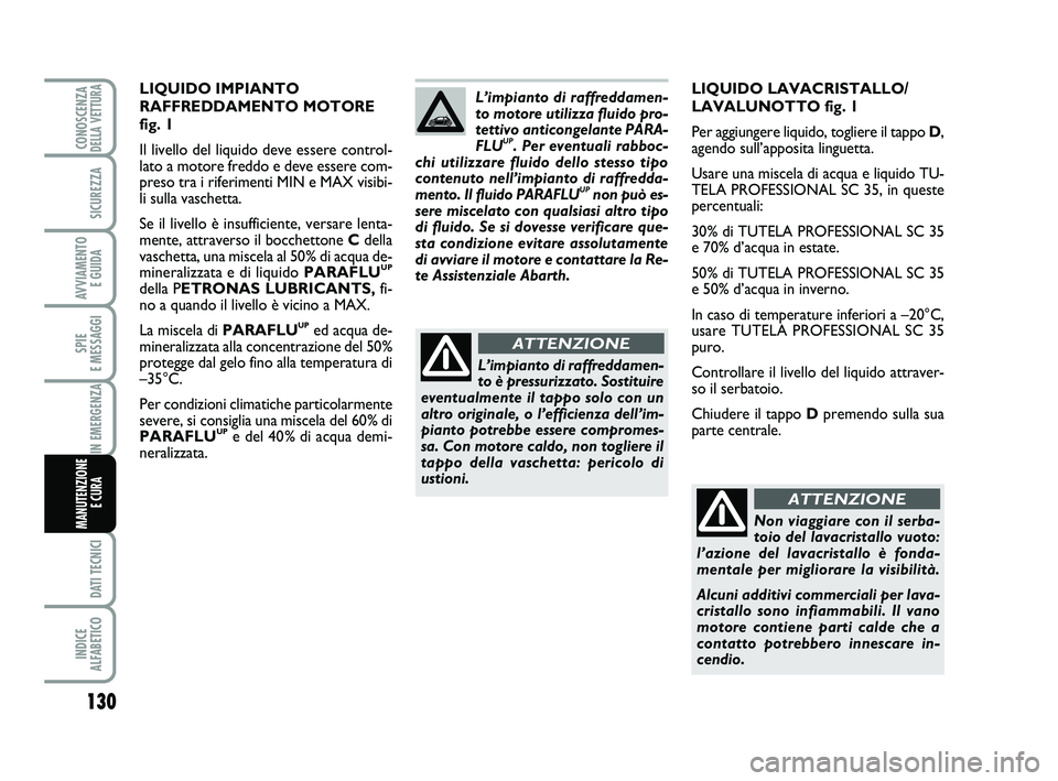 Abarth 500 2012  Libretto Uso Manutenzione (in Italian) 130
SPIE 
E MESSAGGI
DATI TECNICI
INDICE 
ALFABETICO
CONOSCENZADELLA VETTURA
SICUREZZA
AVVIAMENTO 
E GUIDA
IN EMERGENZA
MANUTENZIONE
E CURA 
LIQUIDO LAVACRISTALLO/
LAVALUNOTTO fig. 1
Per aggiungere li