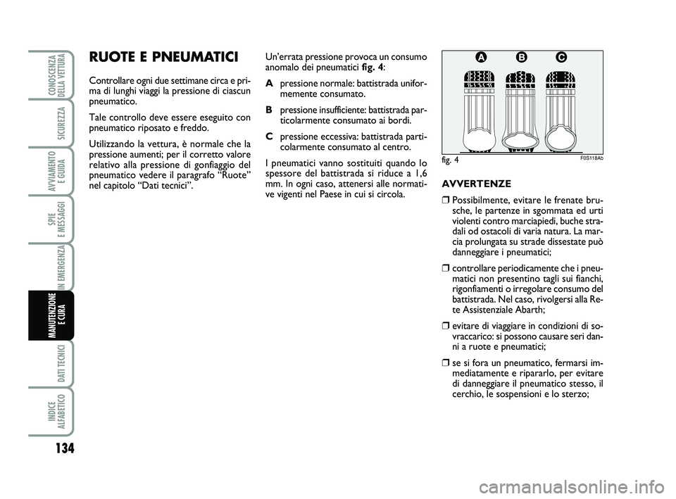 Abarth 500 2012  Libretto Uso Manutenzione (in Italian) 134
SPIE 
E MESSAGGI
DATI TECNICI
INDICE 
ALFABETICO
CONOSCENZADELLA VETTURA
SICUREZZA
AVVIAMENTO 
E GUIDA
IN EMERGENZA
MANUTENZIONE
E CURA 
RUOTE E PNEUMATICI
Controllare ogni due settimane circa e p