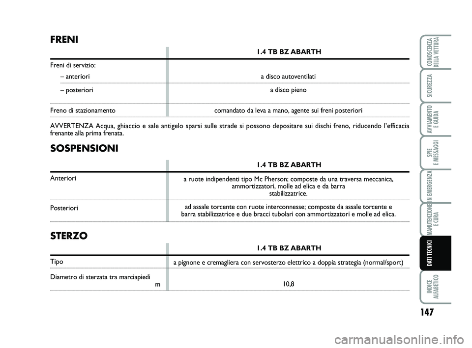 Abarth 500 2012  Libretto Uso Manutenzione (in Italian) 147
SPIE 
E MESSAGGI
INDICE 
ALFABETICO
CONOSCENZADELLA VETTURA
SICUREZZA
AVVIAMENTO 
E GUIDA
IN EMERGENZA
MANUTENZIONE
E CURA
DATI TECNICI
SOSPENSIONI
1.4 TB BZ ABARTH
Anteriori
Posteriori
FRENI
1.4 