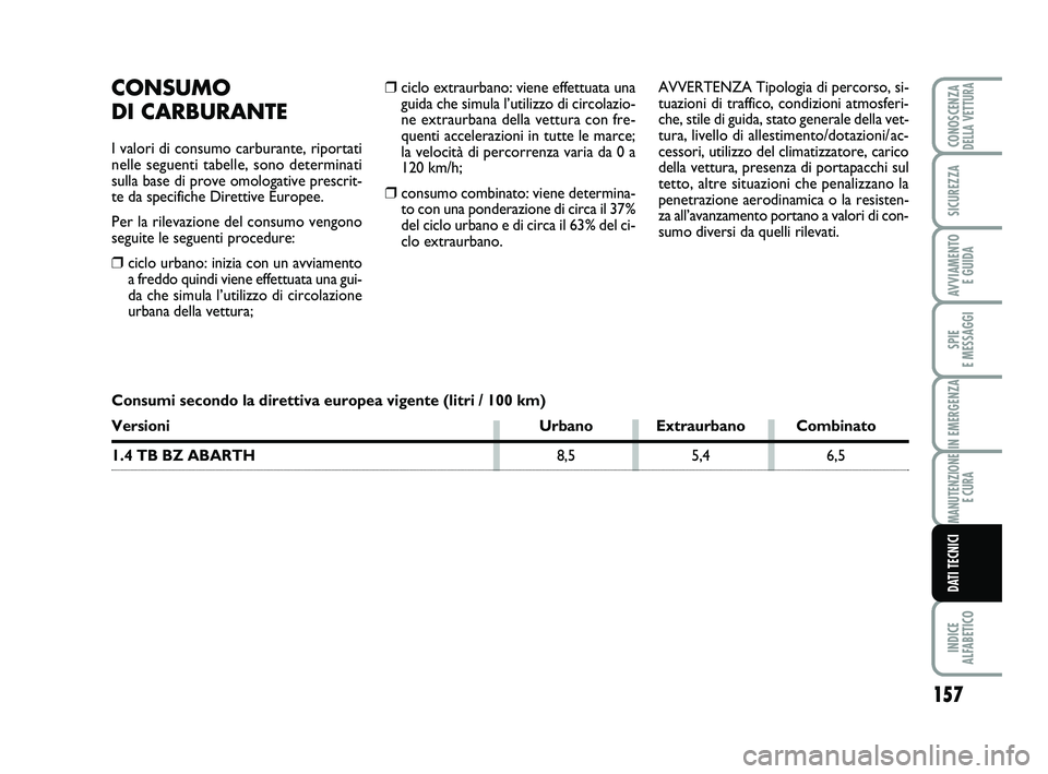 Abarth 500 2012  Libretto Uso Manutenzione (in Italian) ❒ciclo extraurbano: viene effettuata una
guida che simula l’utilizzo di circolazio-
ne extraurbana della vettura con fre-
quenti accelerazioni in tutte le marce;
la velocità di percorrenza varia 