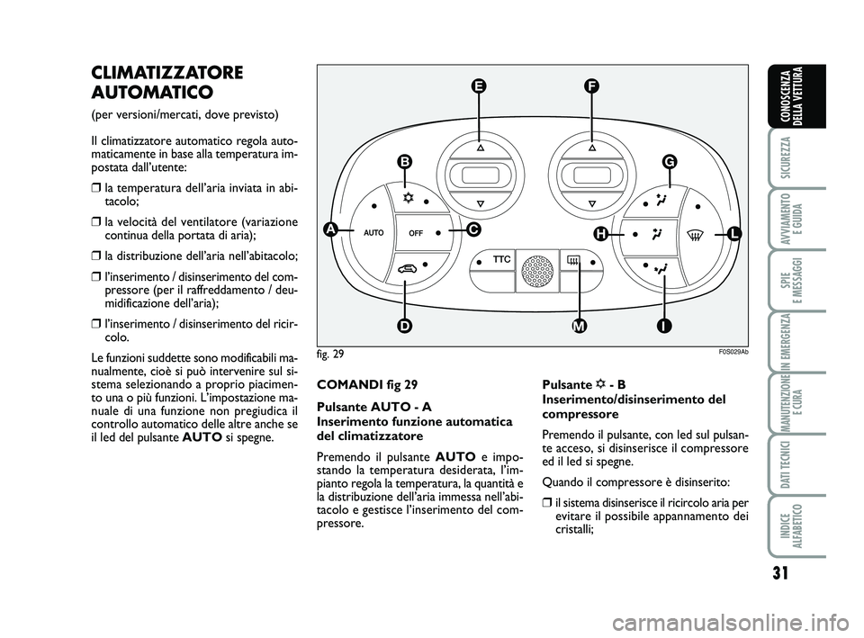 Abarth 500 2012  Libretto Uso Manutenzione (in Italian) 31
SICUREZZA
AVVIAMENTO 
E GUIDA
SPIE 
E MESSAGGI
IN EMERGENZA
MANUTENZIONE
E CURA
DATI TECNICI
INDICE 
ALFABETICO
CONOSCENZA
DELLA VETTURA
CLIMATIZZATORE
AUTOMATICO 
(per versioni/mercati, dove previ