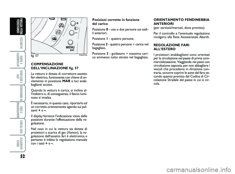 Abarth 500 2012  Libretto Uso Manutenzione (in Italian) 52
SICUREZZA
AVVIAMENTO 
E GUIDA
SPIE 
E MESSAGGI
IN EMERGENZA
MANUTENZIONE
E CURA 
DATI TECNICI
INDICE 
ALFABETICO
CONOSCENZA
DELLA VETTURA
COMPENSAZIONE
DELL’INCLINAZIONE fig. 57
La vettura è dot