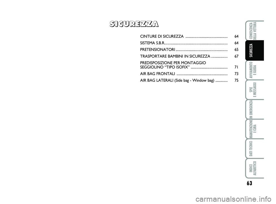 Abarth 500 2012  Libretto Uso Manutenzione (in Italian) 63
AVVIAMENTO 
E GUIDA
SPIE 
E MESSAGGI
IN EMERGENZA
MANUTENZIONE
E CURA
DATI TECNICI
INDICE 
ALFABETICO
CONOSCENZADELLA VETTURA
SICUREZZA
CINTURE DI SICUREZZA ........................................