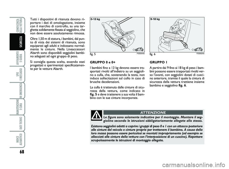 Abarth 500 2012  Libretto Uso Manutenzione (in Italian) 68
AVVIAMENTO 
E GUIDA
SPIE 
E MESSAGGI
IN EMERGENZA
MANUTENZIONE
E CURA 
DATI TECNICI
INDICE 
ALFABETICO
CONOSCENZADELLA VETTURA
SICUREZZA
Tutti i dispositivi di ritenuta devono ri-
portare i dati di