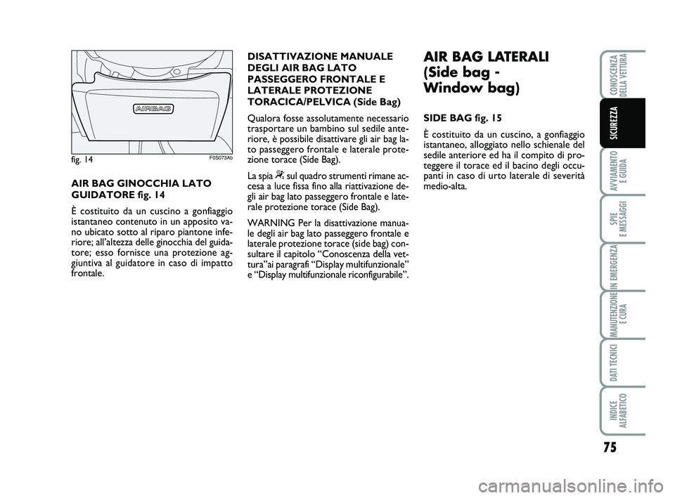 Abarth 500 2012  Libretto Uso Manutenzione (in Italian) 75
AVVIAMENTO 
E GUIDA
SPIE 
E MESSAGGI
IN EMERGENZA
MANUTENZIONE
E CURA
DATI TECNICI
INDICE 
ALFABETICO
CONOSCENZADELLA VETTURA
SICUREZZA
AIR BAG GINOCCHIA LATO
GUIDATORE fig. 14
È costituito da un 