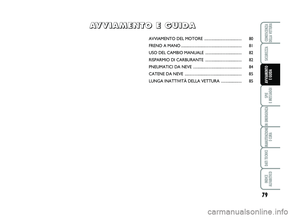 Abarth 500 2012  Libretto Uso Manutenzione (in Italian) 79
SPIE 
E MESSAGGI
IN EMERGENZA
MANUTENZIONE
E CURA
DATI TECNICI
INDICE 
ALFABETICO
CONOSCENZADELLA VETTURA
SICUREZZA
AVVIAMENTO 
E GUIDA
AVVIAMENTO DEL MOTORE .......................................