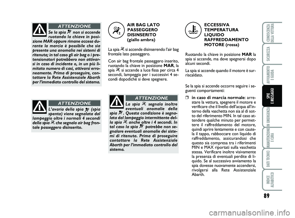 Abarth 500 2012  Libretto Uso Manutenzione (in Italian) 89
IN EMERGENZA
MANUTENZIONE
E CURA
DATI TECNICI
INDICE 
ALFABETICO
CONOSCENZADELLA VETTURA
SICUREZZA
AVVIAMENTO 
E GUIDA
SPIE 
E MESSAGGI
Se la spia ¬non si accende
ruotando la chiave in posi-
zione