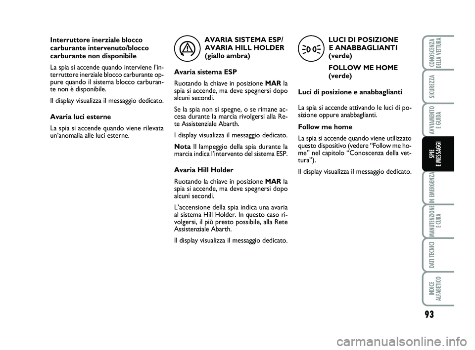 Abarth 500 2012  Libretto Uso Manutenzione (in Italian) 93
IN EMERGENZA
MANUTENZIONE
E CURA
DATI TECNICI
INDICE 
ALFABETICO
CONOSCENZADELLA VETTURA
SICUREZZA
AVVIAMENTO 
E GUIDA
SPIE 
E MESSAGGI
Interruttore inerziale blocco
carburante intervenuto/blocco
c