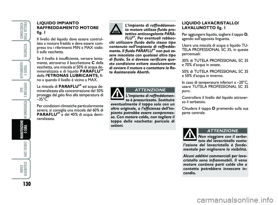 Abarth 500 2013  Libretto Uso Manutenzione (in Italian) 130
SPIE 
E MESSAGGI
DATI TECNICI
INDICE 
ALFABETICO
CONOSCENZADELLA VETTURA
SICUREZZA
AVVIAMENTO 
E GUIDA
IN EMERGENZA
MANUTENZIONE
E CURA 
LIQUIDO LAVACRISTALLO/
LAVALUNOTTO fig. 1
Per aggiungere li