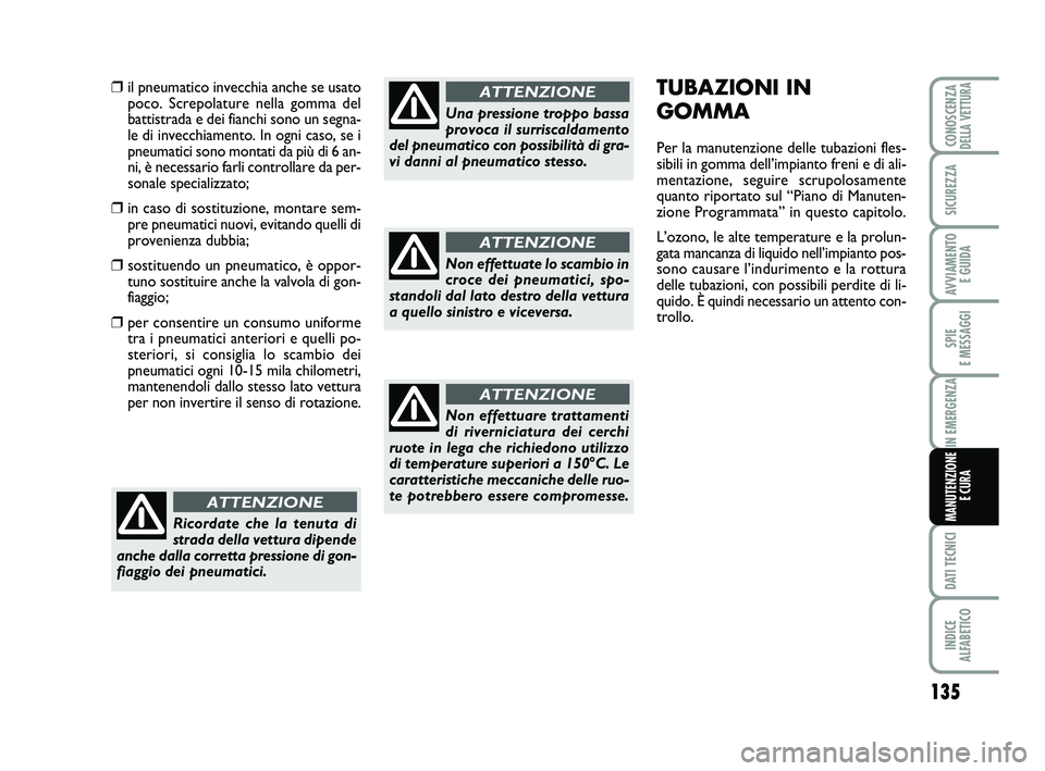 Abarth 500 2013  Libretto Uso Manutenzione (in Italian) 135
SPIE 
E MESSAGGI
DATI TECNICI
INDICE 
ALFABETICO
CONOSCENZADELLA VETTURA
SICUREZZA
AVVIAMENTO 
E GUIDA
IN EMERGENZA
MANUTENZIONE
E CURA
TUBAZIONI IN
GOMMA
Per la manutenzione delle tubazioni fles-