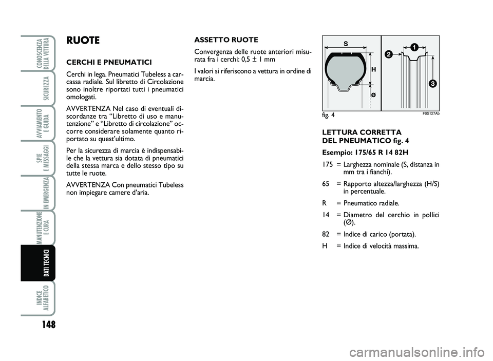Abarth 500 2013 Libretto Uso Manutenzione (in Italian) LETTURA CORRET TA
DEL P NEUM ATIC O fig\b 4
Es empio : 175/6 5 R 1 4 8\f H
\f75= Larg hezza n omi nale (S, di sta nza in
mm tra i fi an chi ).
65 =Rap por to a ltezza /l arg h ezz a ( H/ S)
i Abarth 500 2013 Libretto Uso Manutenzione (in Italian) LETTURA CORRET TA
DEL P NEUM ATIC O fig\b 4
Es empio : 175/6 5 R 1 4 8\f H
\f75= Larg hezza n omi nale (S, di sta nza in
mm tra i fi an chi ).
65 =Rap por to a ltezza /l arg h ezz a ( H/ S)
i